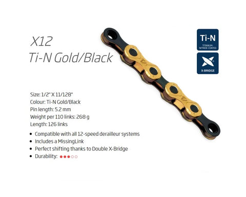 KMC X12 Chain: 12-Speed, 126 Links, Ti Nitride Gold/Black